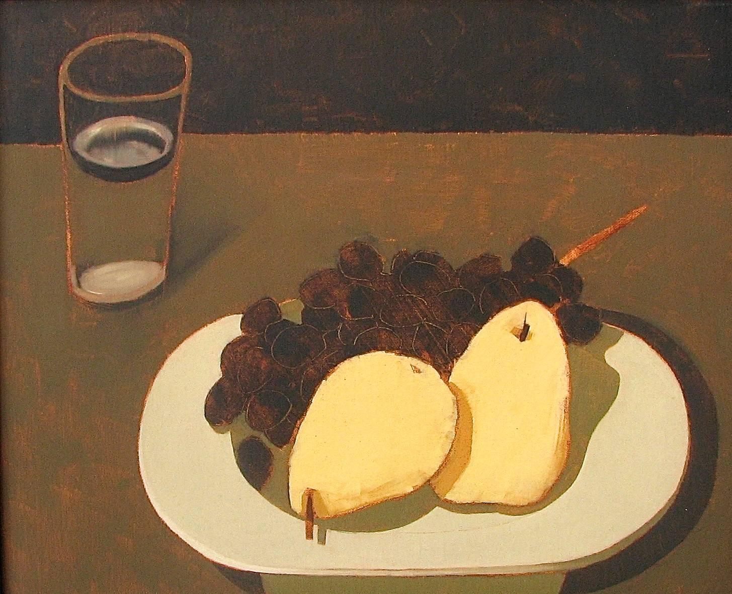 Charlotte Andry Gibbs Still-Life Painting - "Sliced Pear, Grapes, and Glass of Water" Still-Life American Contemporary Folk