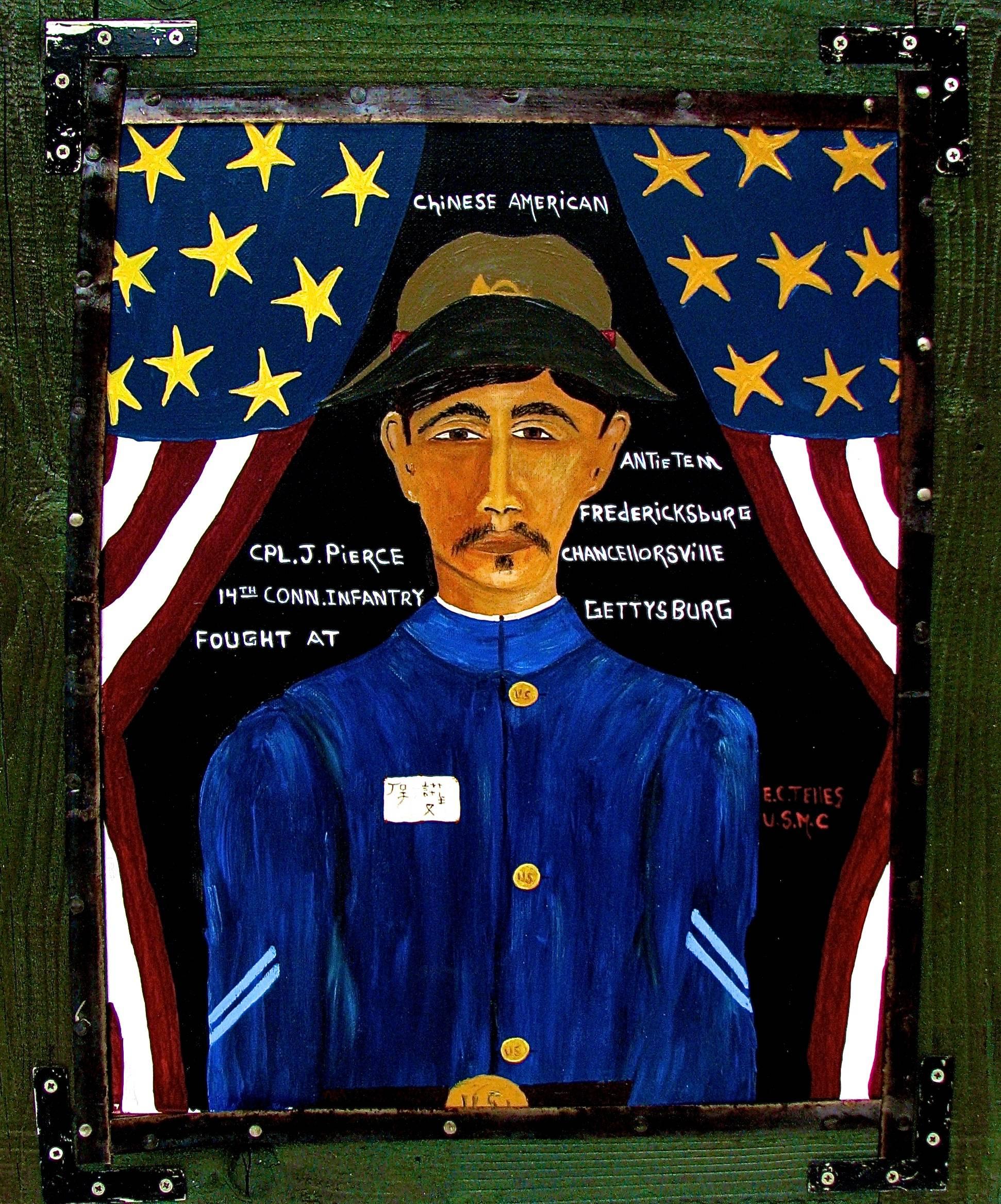 Elias Telles Portrait Painting - "C.P.L. J Pierce" Naive Portait of Chinese American Gettysburg Soldier