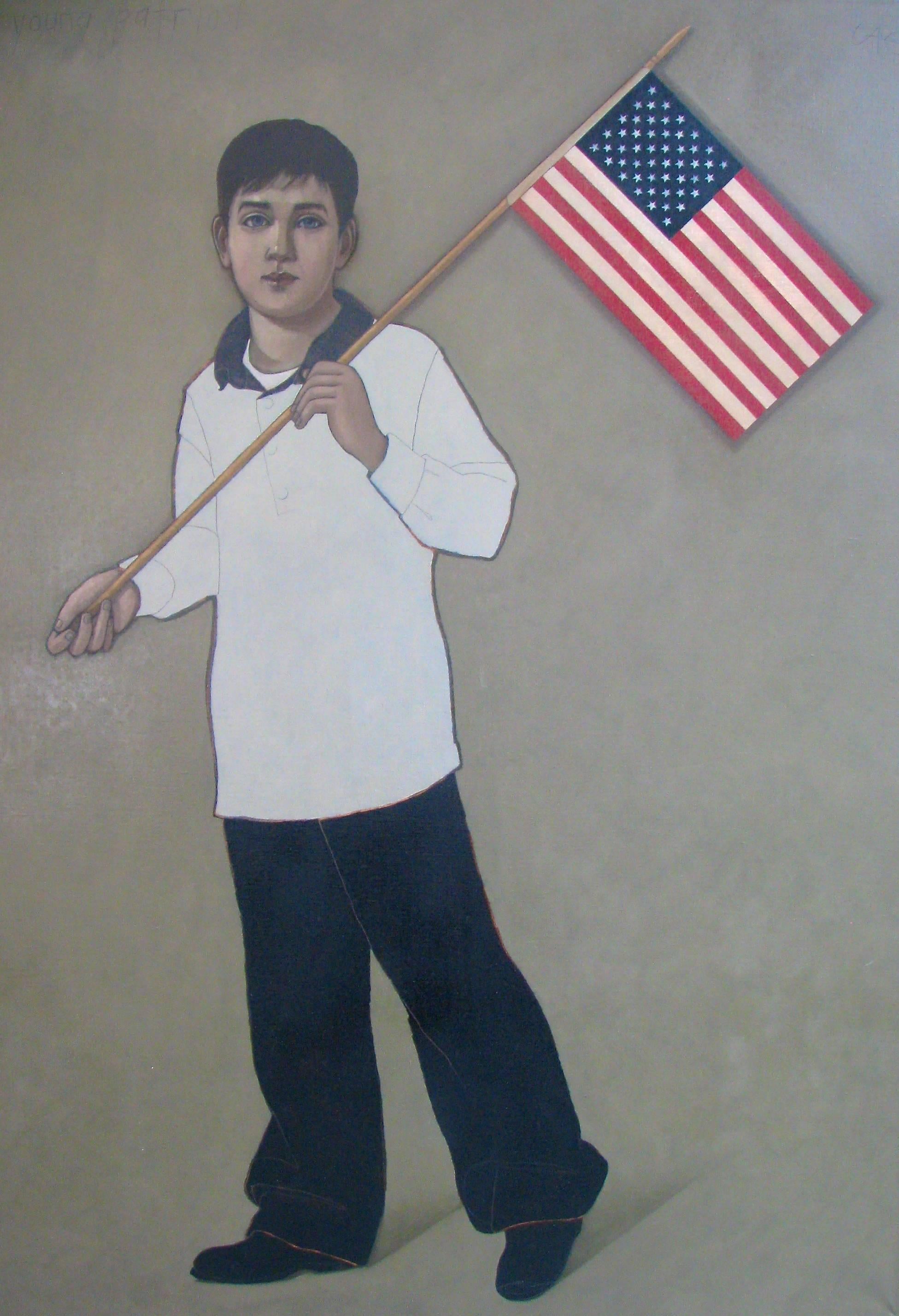Charlotte Andry Gibbs Portrait Painting - "Young Patriot" Portrait American Folk Figural Oil Painting Contemporary Flag