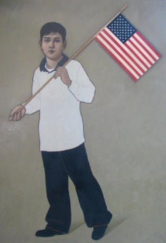 "Jeune Patriote" Portrait Figurine Folklorique Américaine Peinture à l'Huile Contemporaine Drapeau