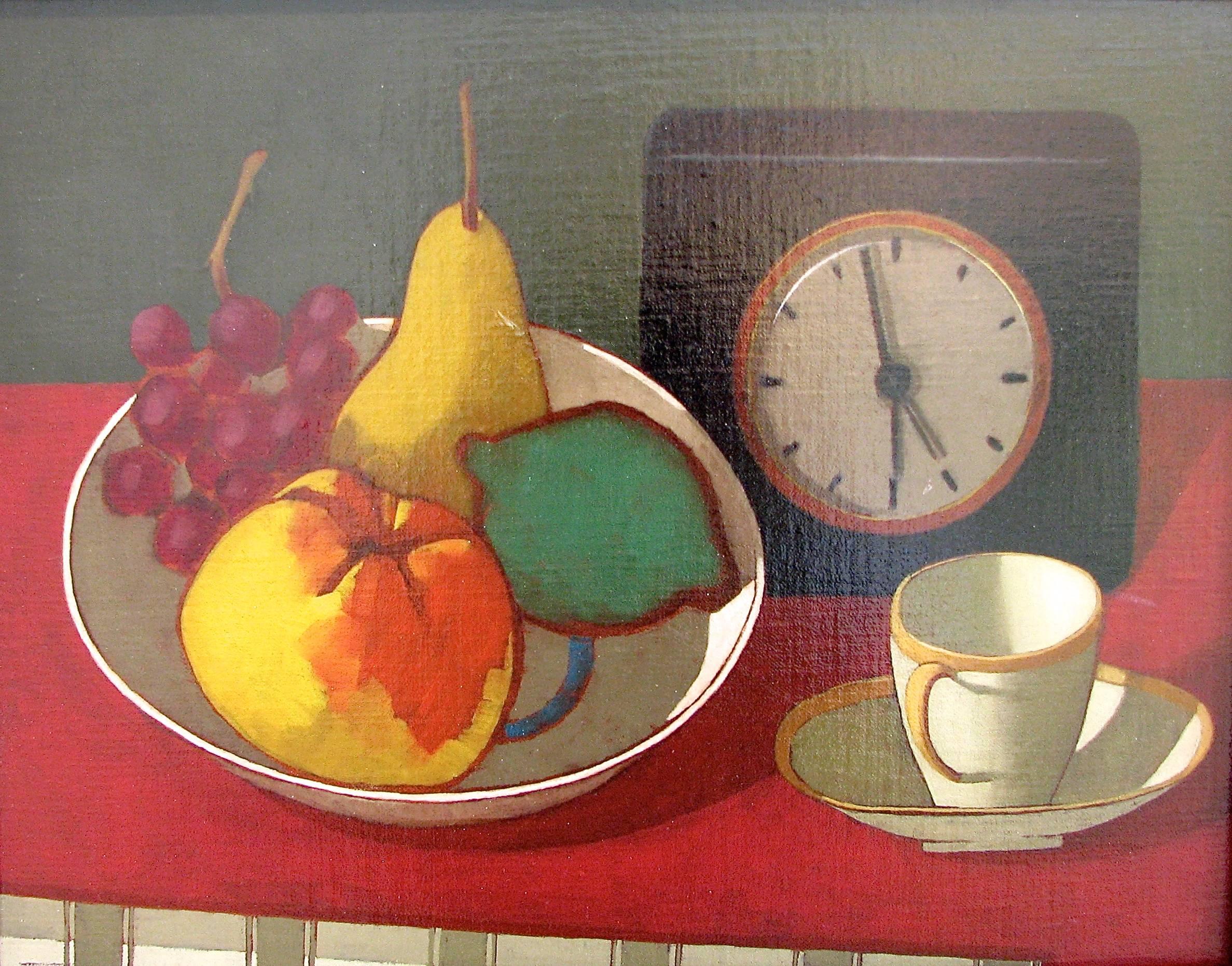 Charlotte Andry Gibbs Still-Life Painting - "Bowl of Fruit, Clock and Demitasse" Still-Life American Folk Contemporary Oil