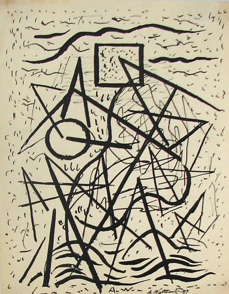 Abraham Walkowitz Abstract Drawing - "Untitled Abstraction" Pen and Ink Drawing Black and White Greyscale Geometric