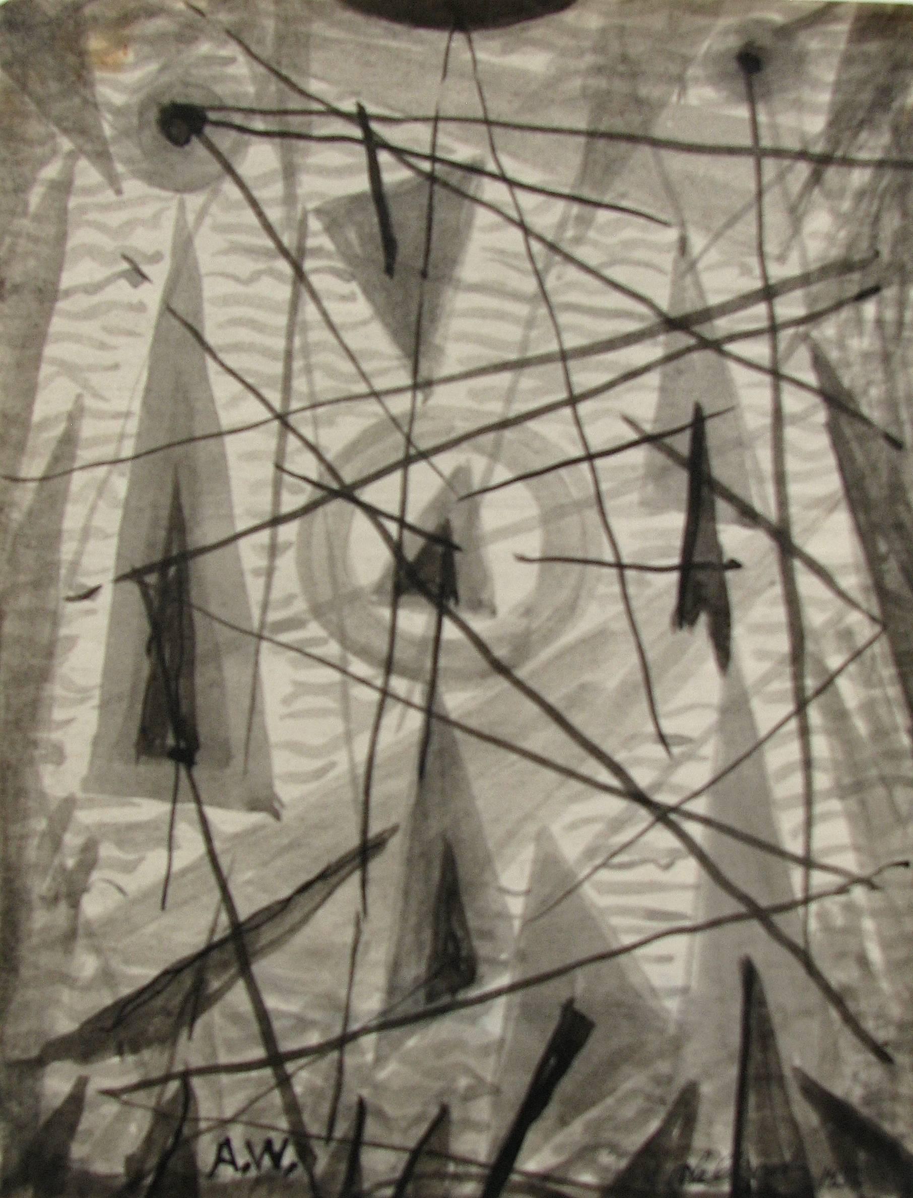 Abraham Walkowitz Abstract Drawing - "Untitled Abstraction" Pen and Ink Drawing Black and White Greyscale Geometric