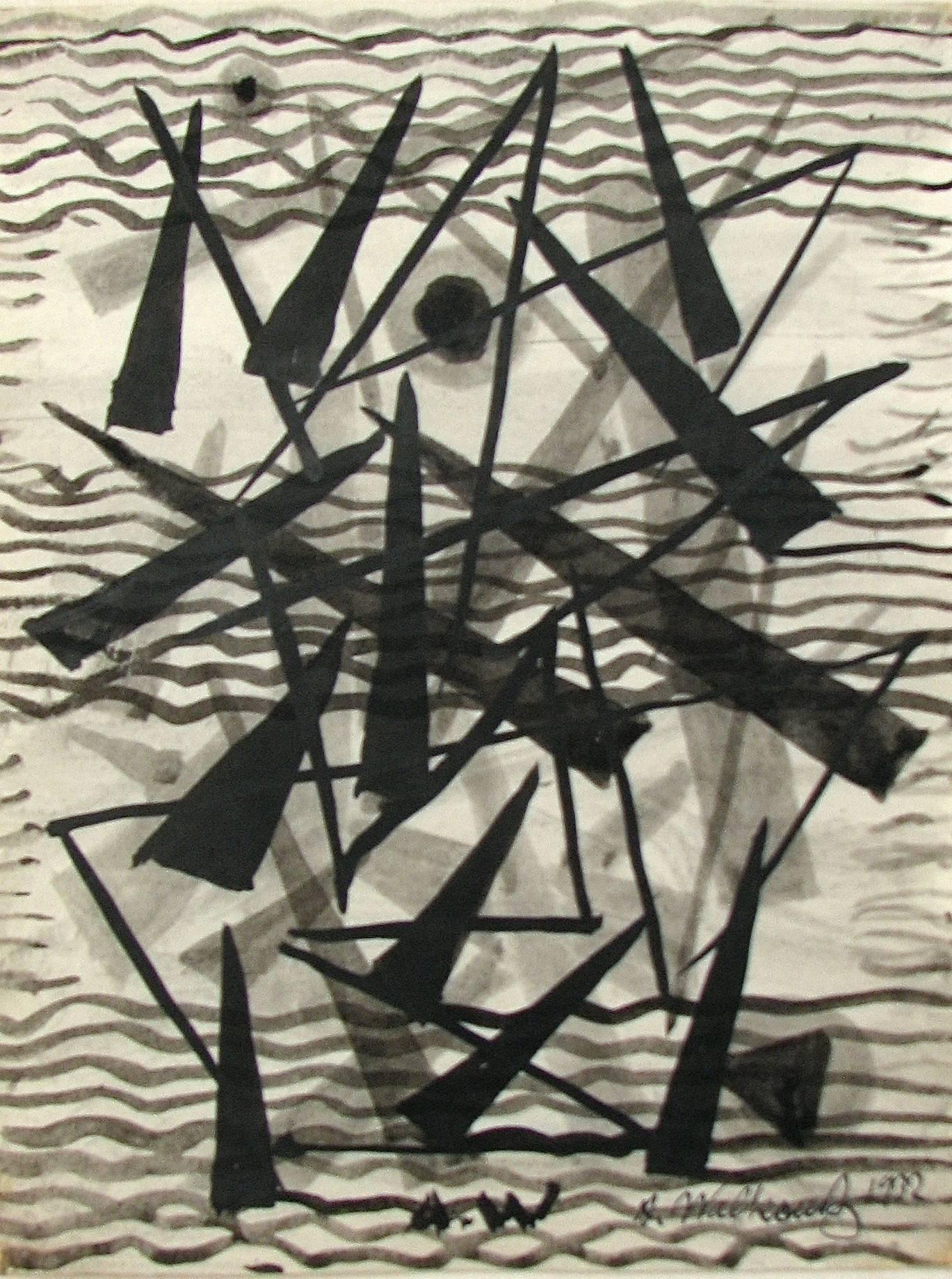 ""Untitled Abstraction" Bleistift und Tusche Zeichnung Schwarz und Weiß Graugrau Geometrisch