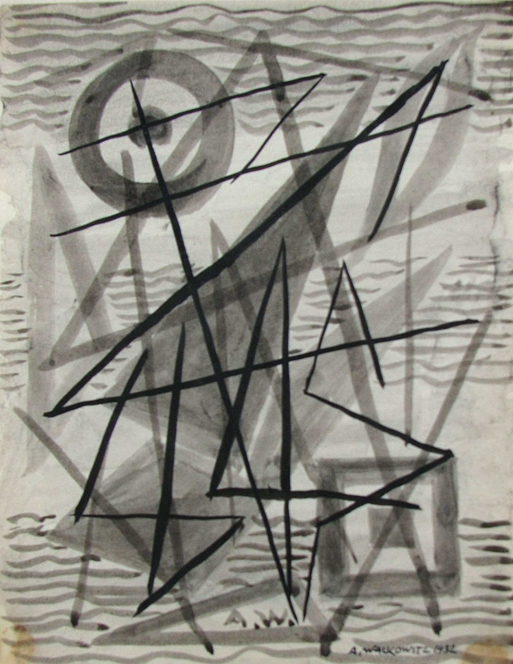 Abraham Walkowitz Abstract Drawing – ""Untitled Abstraction" Bleistift und Tusche Zeichnung Schwarz und Weiß Graugrau Geometrisch