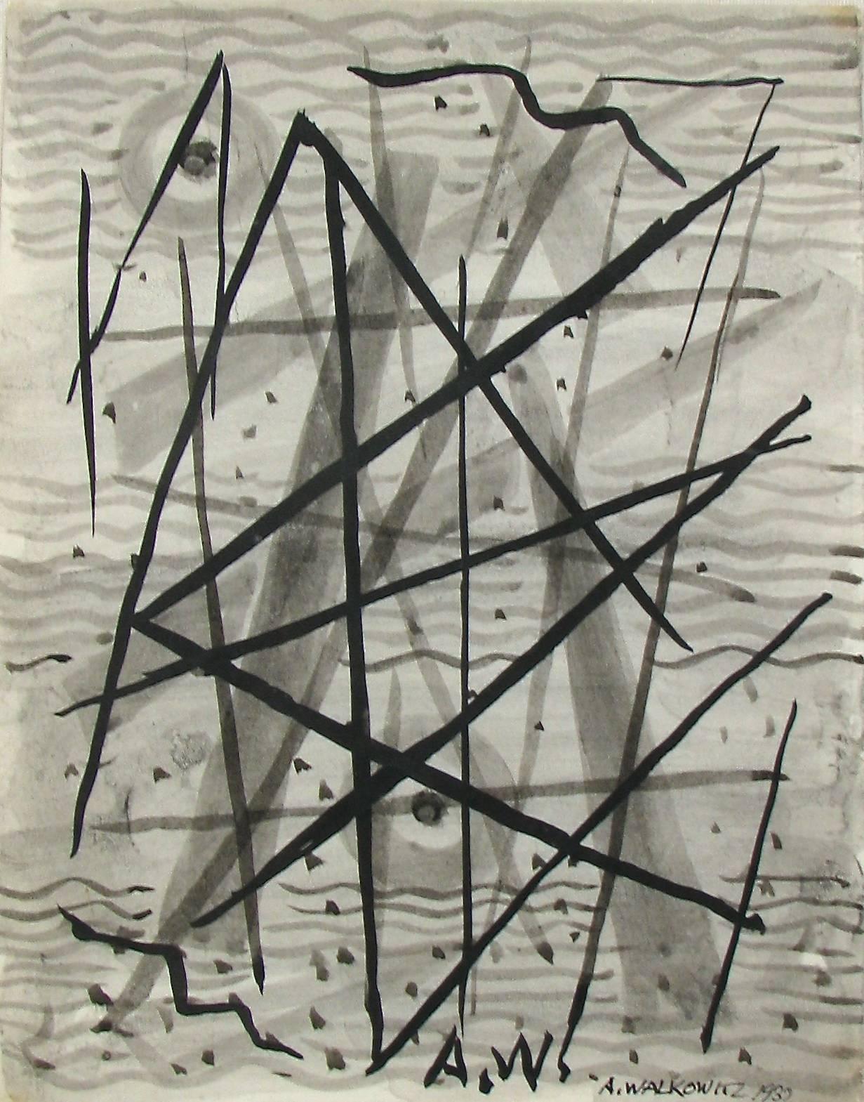 Abraham Walkowitz Abstract Drawing - "Untitled Abstraction" Pen and Ink Drawing Black and White Greyscale Geometric