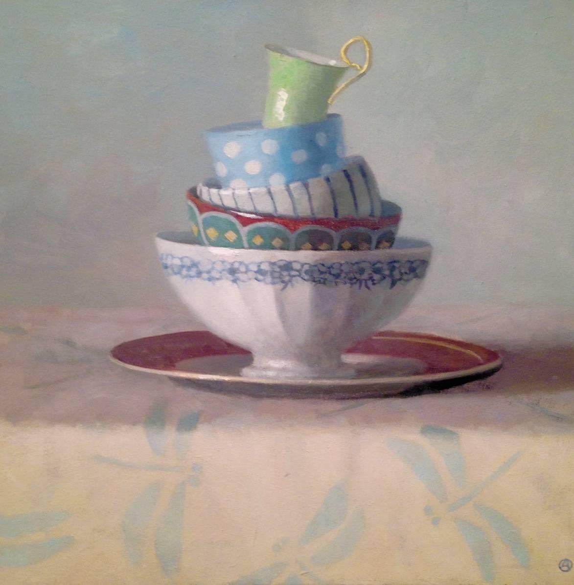 Olga Antonova Still-Life Painting - "Elegant Still Life of Stacked Cups and Dishes on Dragoncloth"