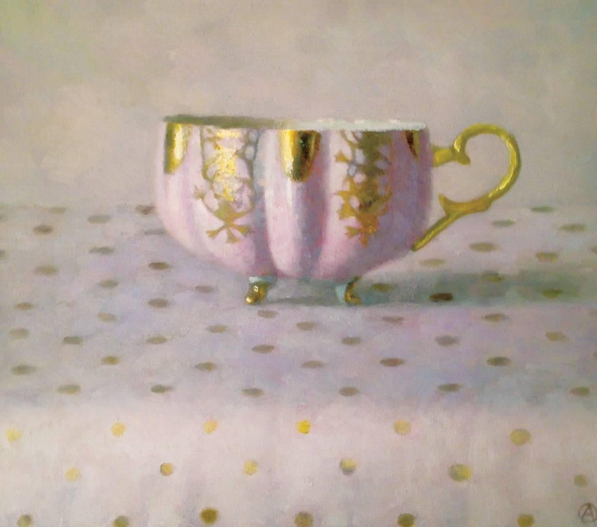 Olga Antonova Still-Life Painting - "Elegant Still Life of Pink and Gold Cup on Dots"