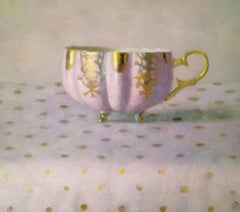 "Elegant Still Life of Pink and Gold Cup on Dots"