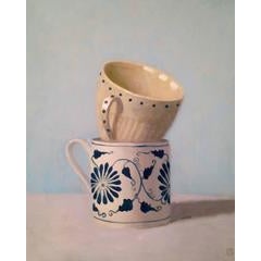 Two Blue and White Stacked Cups with Blue Background 4
