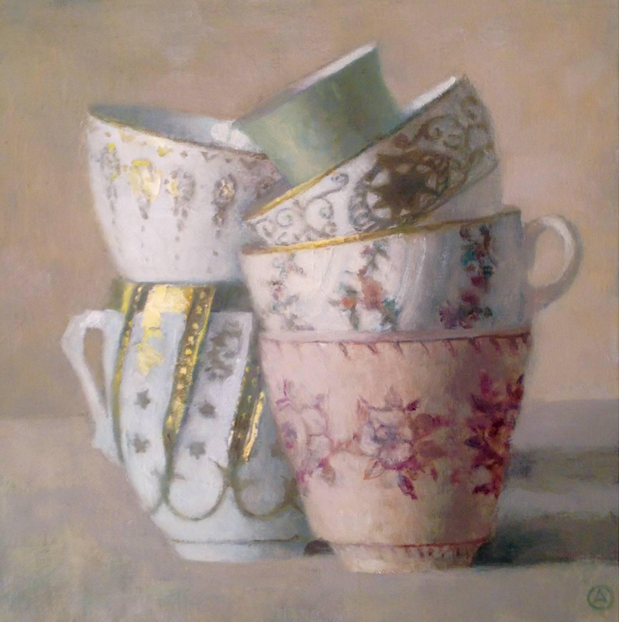 Olga Antonova Still-Life Painting - "Elegant Still Life of Six Stacked Cups, Gold and White, Pink and Green"