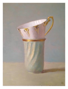 "Elegant Still Life of Two Stacked Cups Pink and Green on Blue/Green"