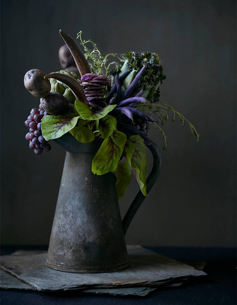 "Food Bouquet #1" Still-Life Contemporary Photography Purple Fruit and Flowers
