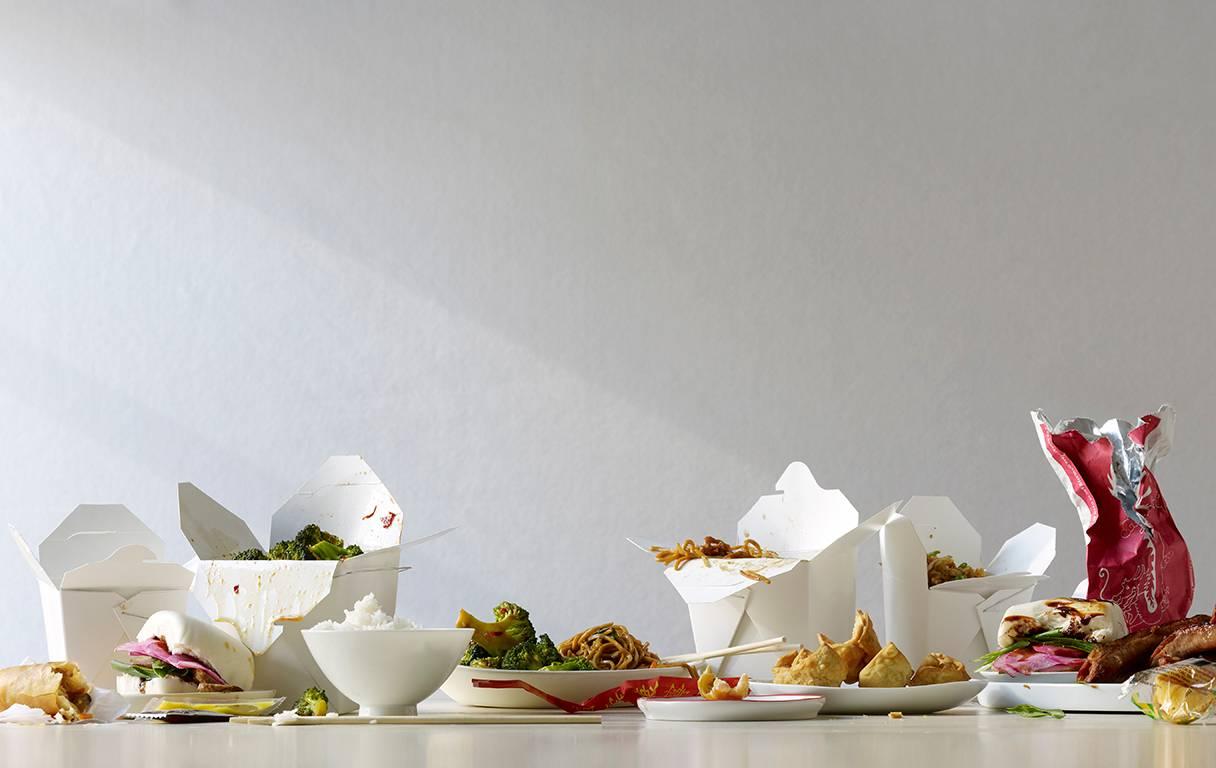 'Tablescape - Chinese Food Dinner' Humorous still life composition in white/pink