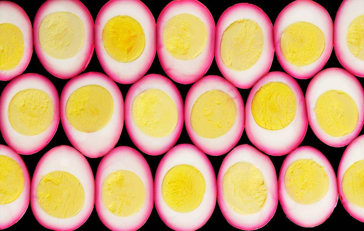 ""Aliments délavés"  s -  Leurs œufs""   Composition d'œufs coulissants multicolores jaunes, blancs et rose vif