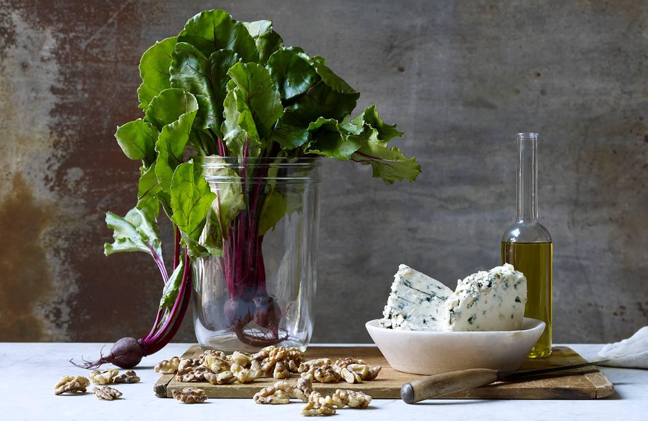 "Still Life of Beets, Blue Cheese and Walnuts"  Gray, white, lavender photograph