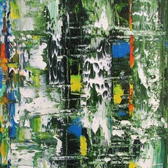"Small Abstract  # 43"  Expressionist Oil in Green, White, Black, Blue, Orange