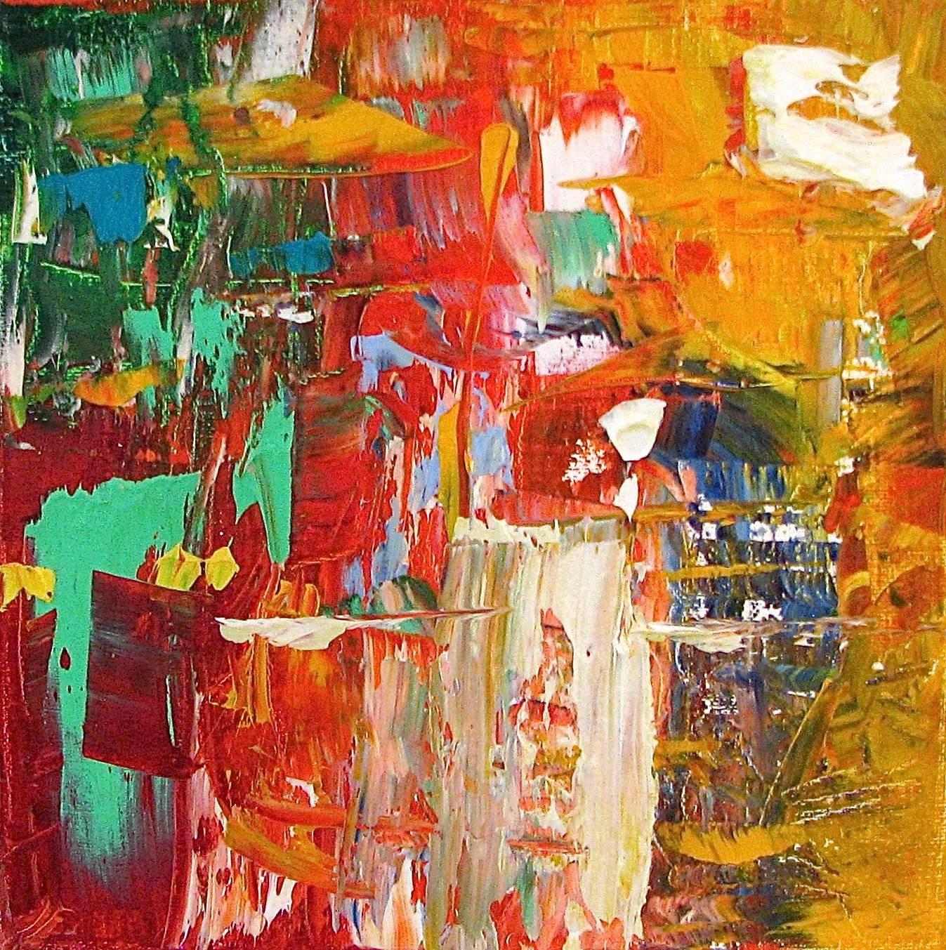Linda Holt Abstract Painting - "Small Abstract  # 1"  Expressionist Oil Red, Orange, Yellow, Green, Tan, White