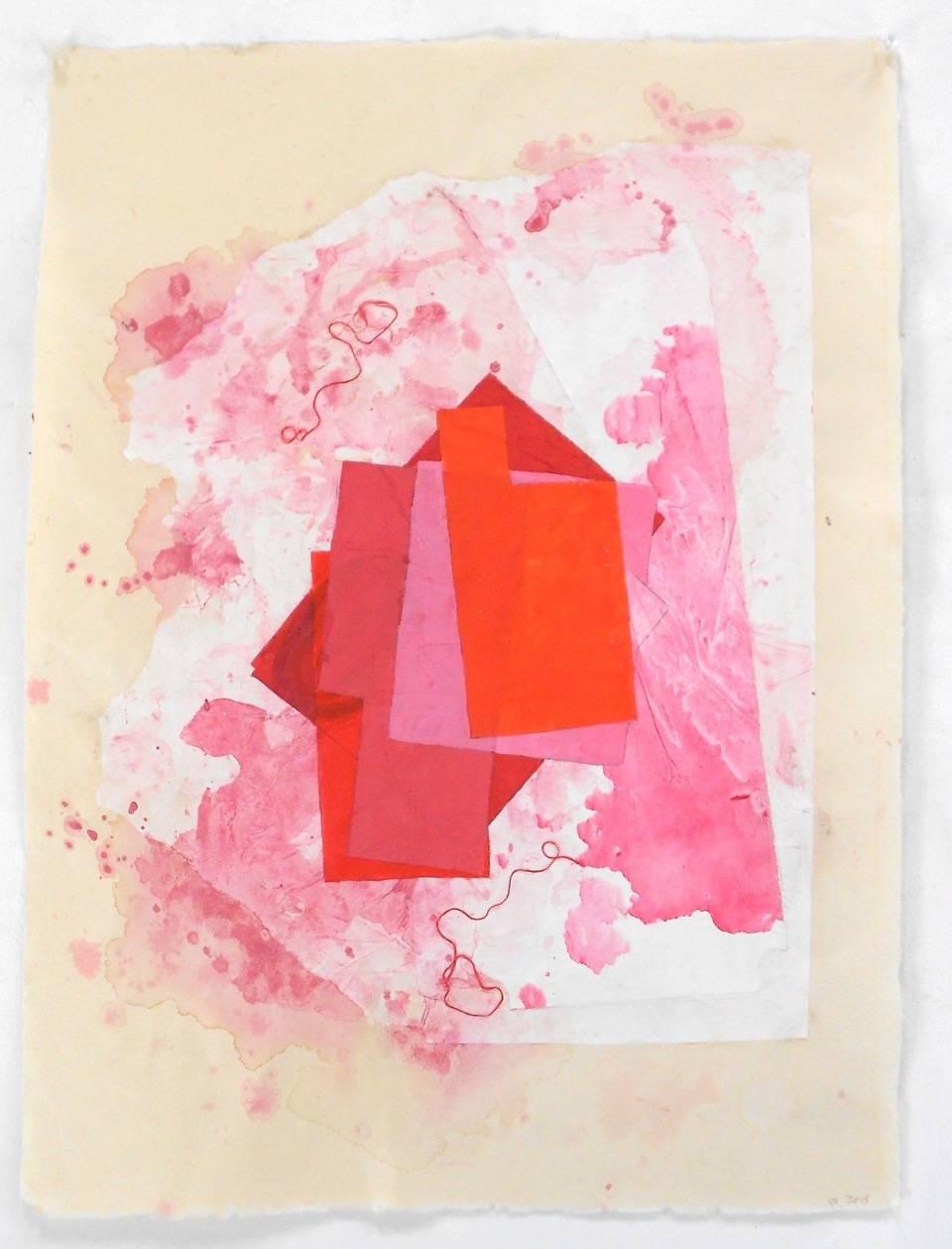 "Open Heart" Abstract Expressionist Geometric Red Pink Colorful Collage Gouache - Mixed Media Art by Jean Feinberg