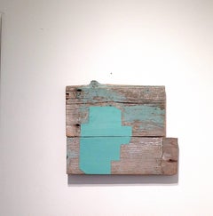 "Begging Blue" Olio geometrico astratto su legno Tecnica mista blu