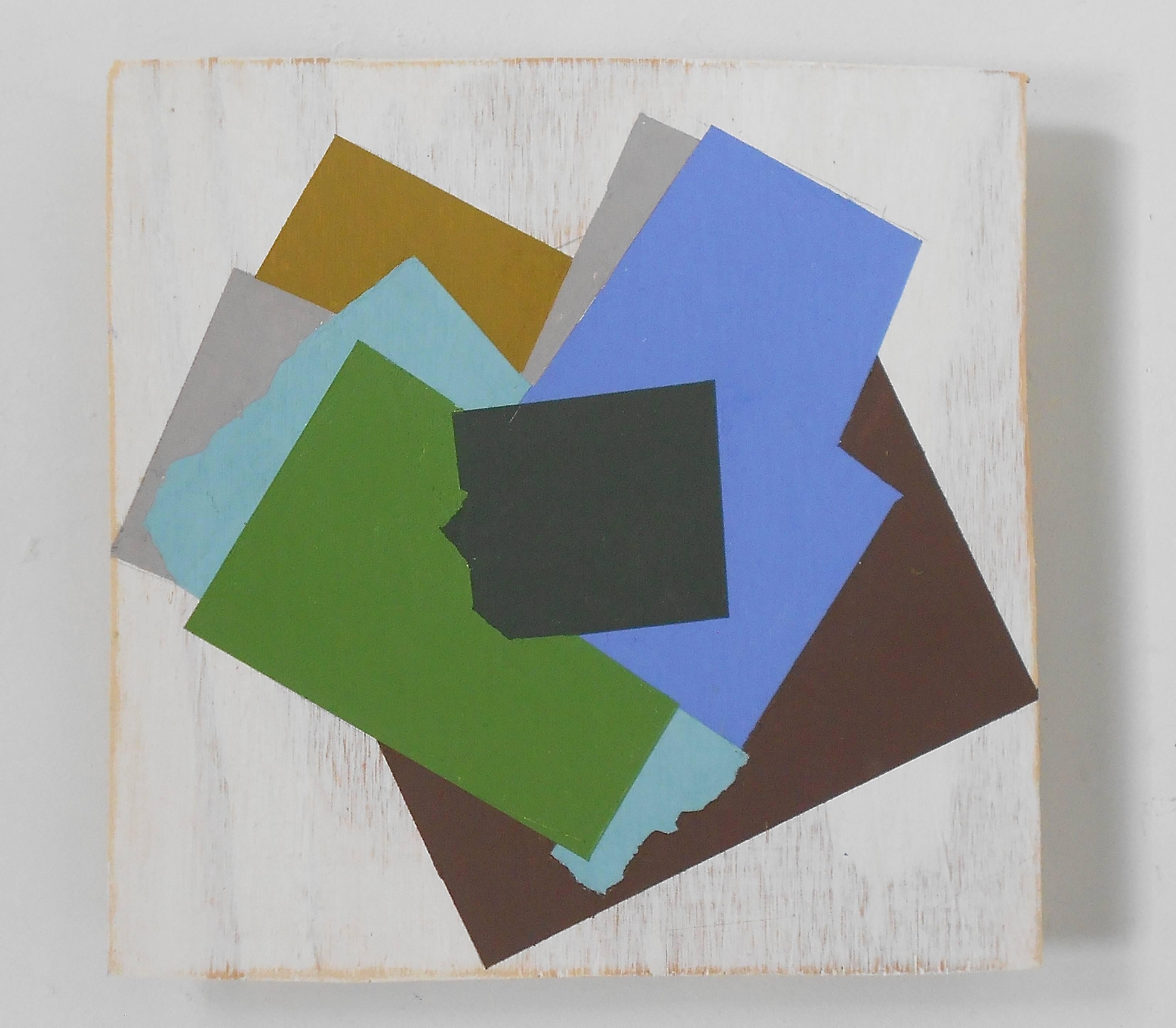 Jean Feinberg Abstract Painting - "Untitled" Geometric Abstract Blue Green Brown Mixed Media Oil on Wood