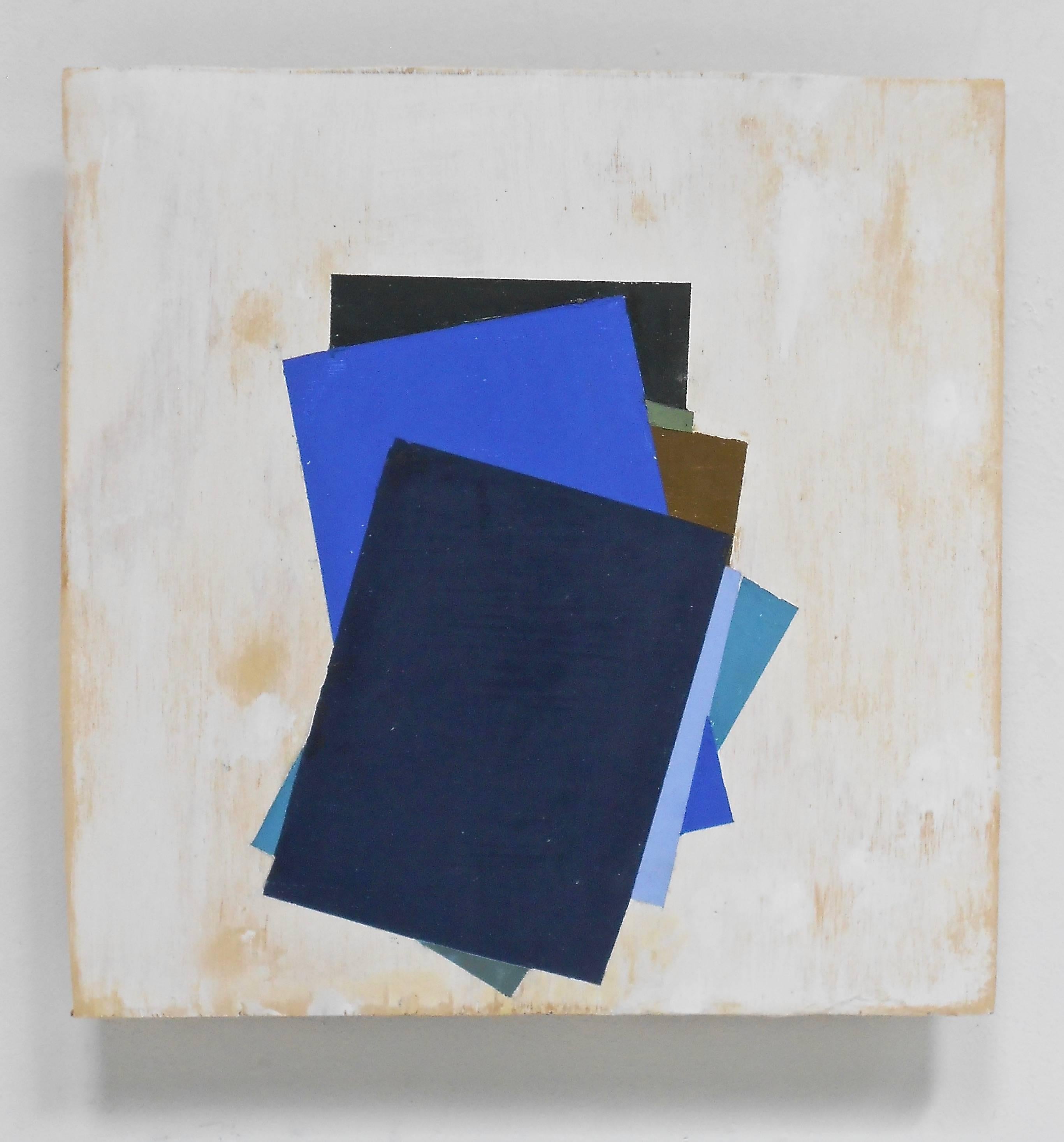 Jean Feinberg Abstract Painting – ""Navy"" Geometrisches abstraktes Blau Schwarz Mixed Media Öl auf Holz