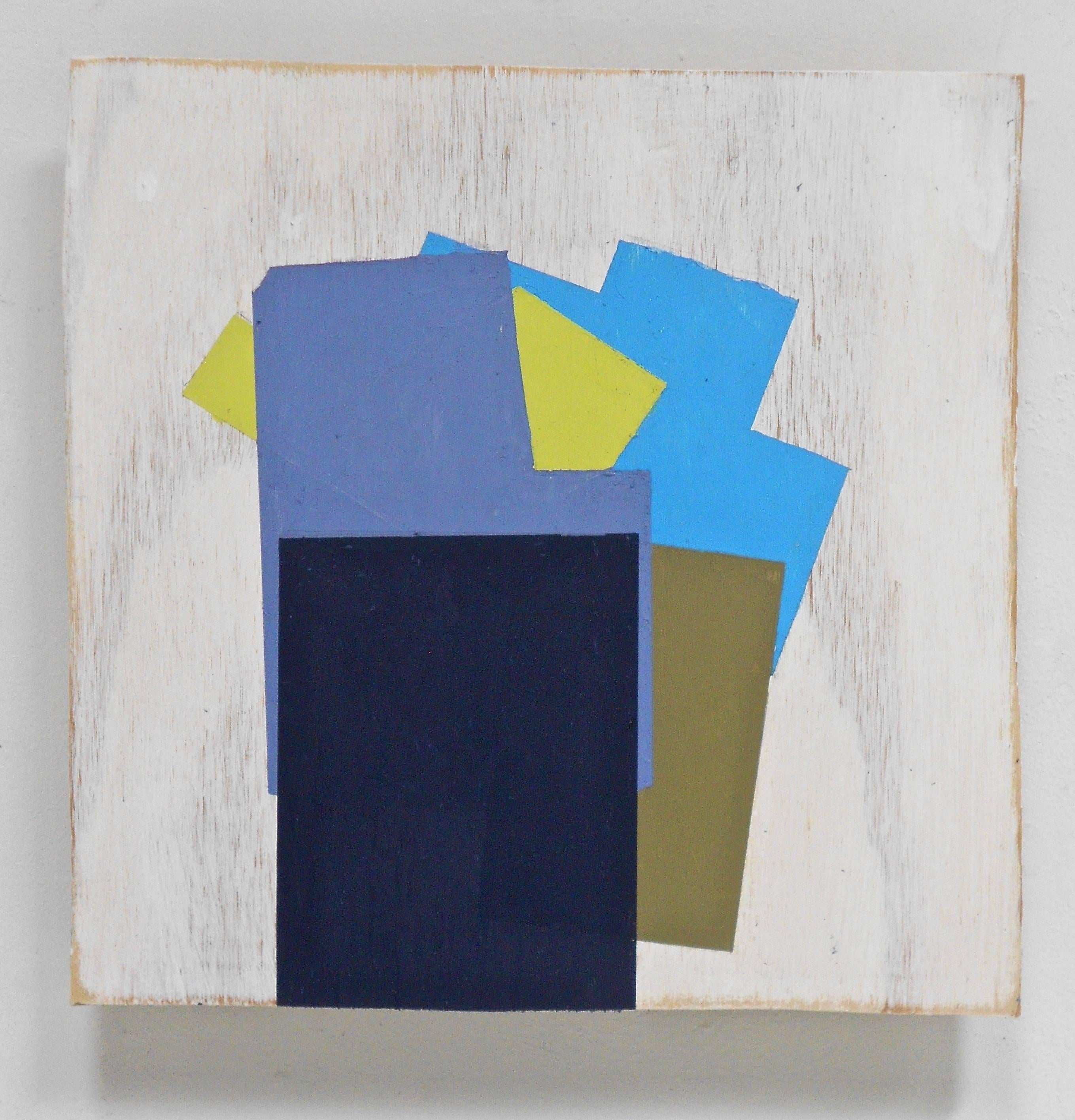 "Standing Navy" Geometric Abstract Blue Yellow Mixed Media Oil on Wood - Mixed Media Art by Jean Feinberg