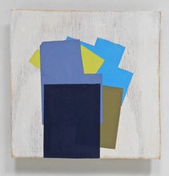 « Standing Navy », huile sur bois technique mixte géométrique abstraite bleue et jaune