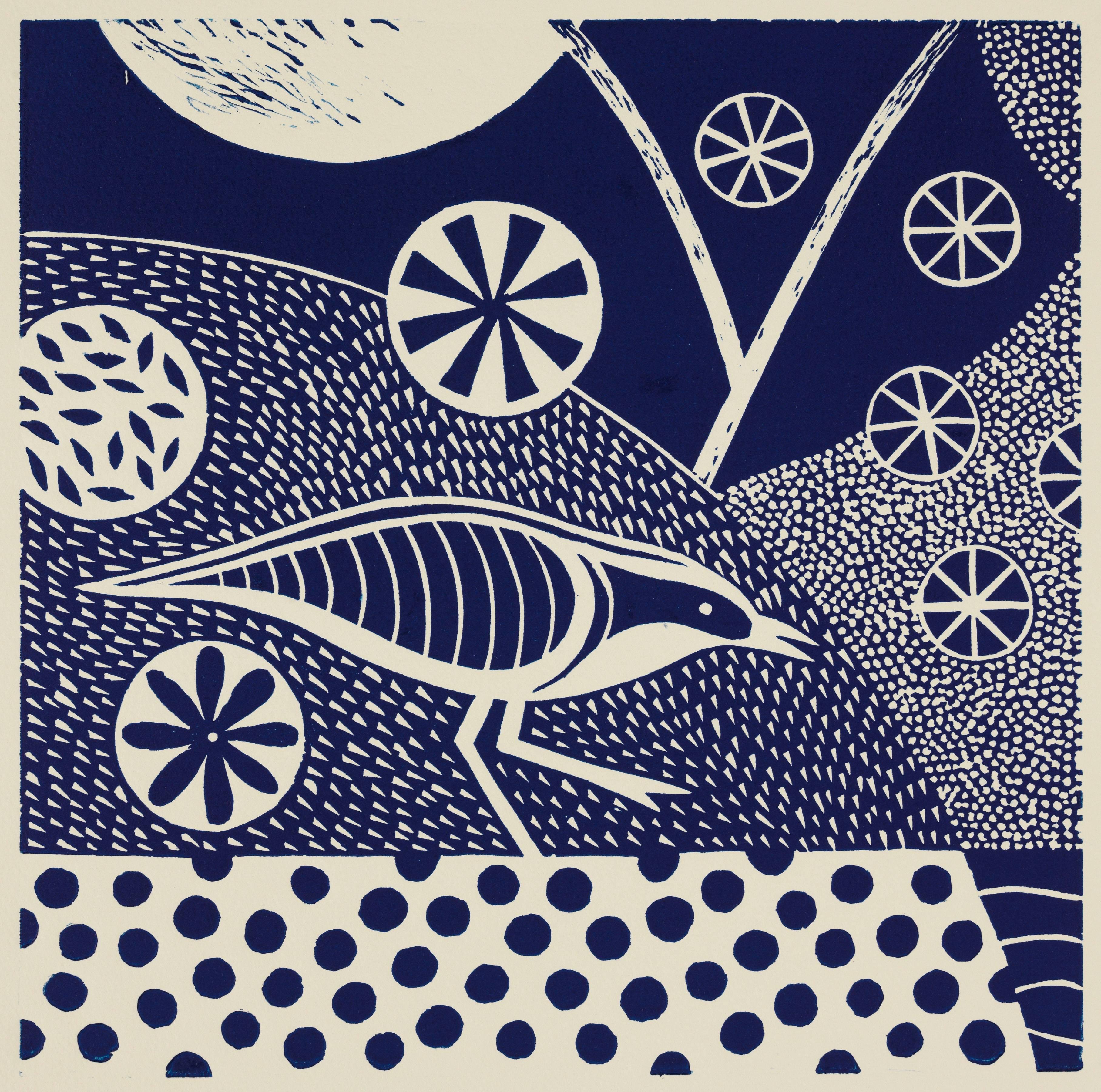 Lisa Houck Animal Print - "Chittering and Chattering V, "  Folk inspired Blue/White Linoleum Print of Bird