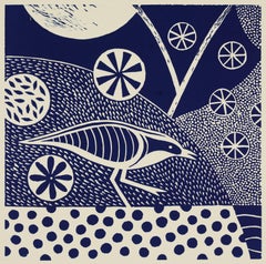 "Chittering and Chattering V, "  Folk inspired Blue/White Linoleum Print of Bird