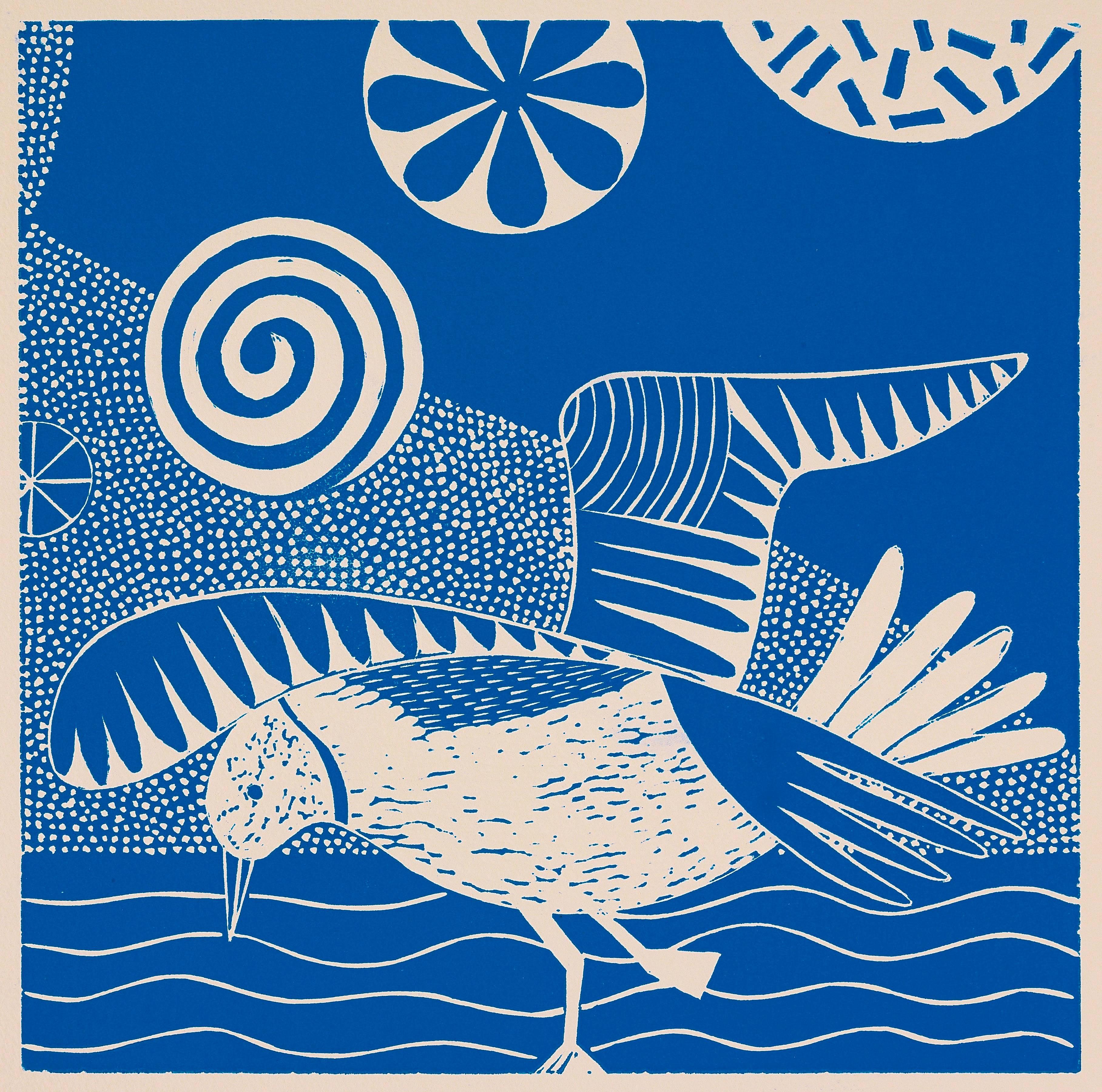Lisa Houck Animal Print - "Chittering and Chattering VI, " Folk inspired Blue Linoleum Block Print of Bird