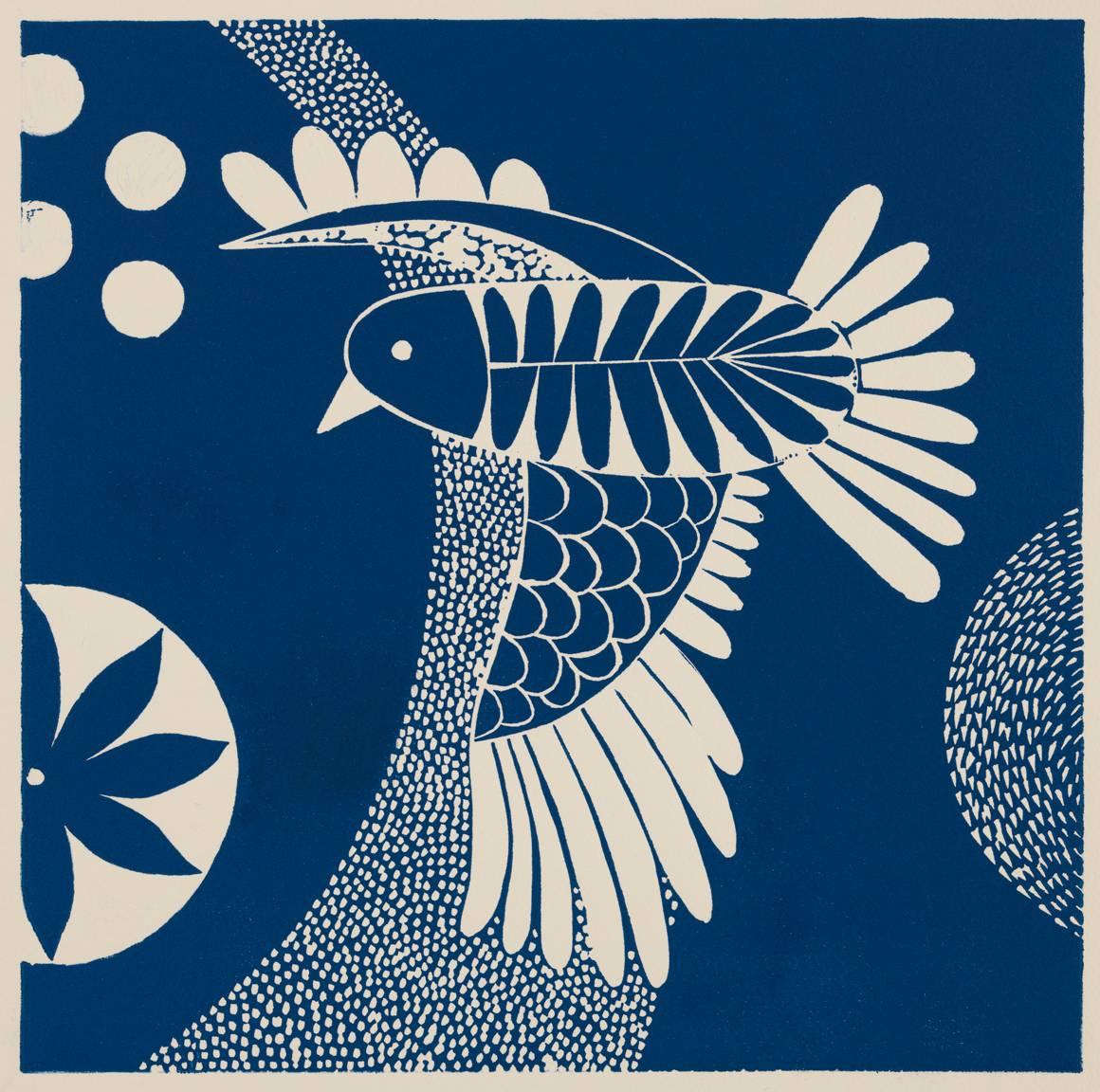 Lisa Houck Animal Print - "Chittering and Chattering II, "  Folk inspired Blue/White Linoleum Print of Bird