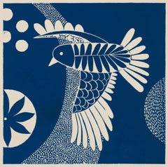 "Chittering and Chattering II,"  Folk inspired Blue/White Linoleum Print of Bird