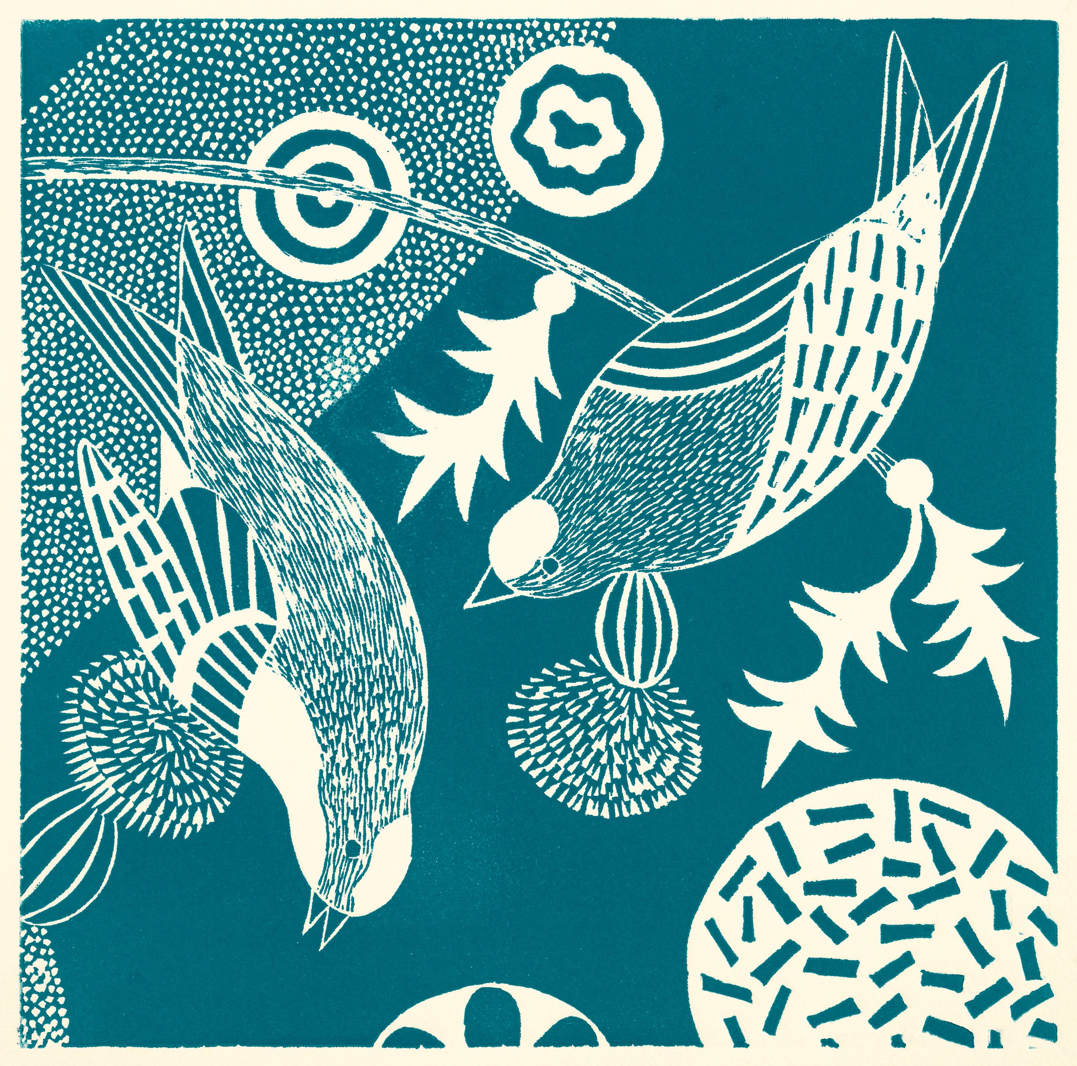 Lisa Houck Animal Print - "Chittering and Chattering IV, "  Folk inspired Teal/Blue Linoleum Print of Birds
