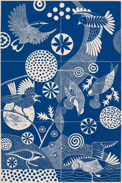 "Chittering and Chattering," Folk inspired Blue Linoleum Block Print of Birds