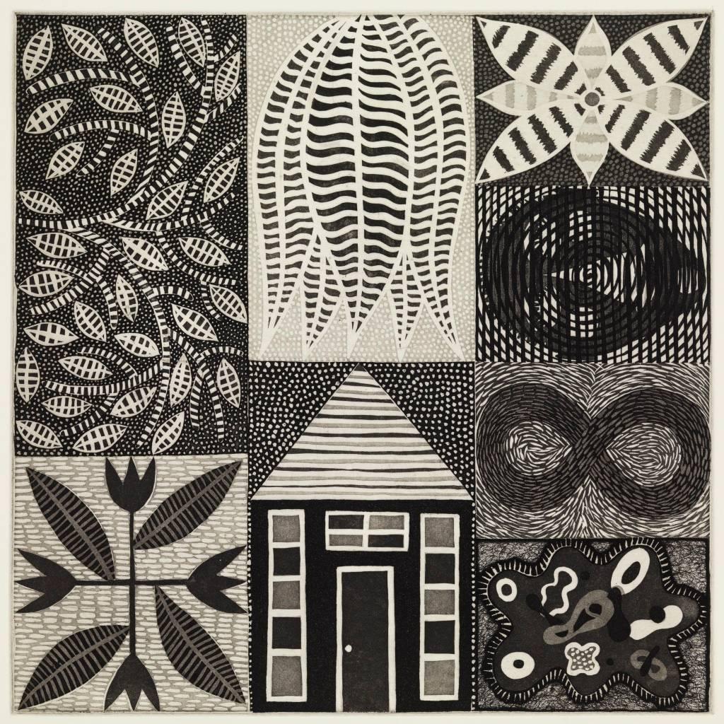 Lisa Houck Abstract Print - "All About the Square"     Plant Abstraction, Nature Modern Black/ White Etching