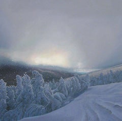 "On the Mountain in Snow at Dusk"  Medium sized Landscape of Winter Scene, Dusk