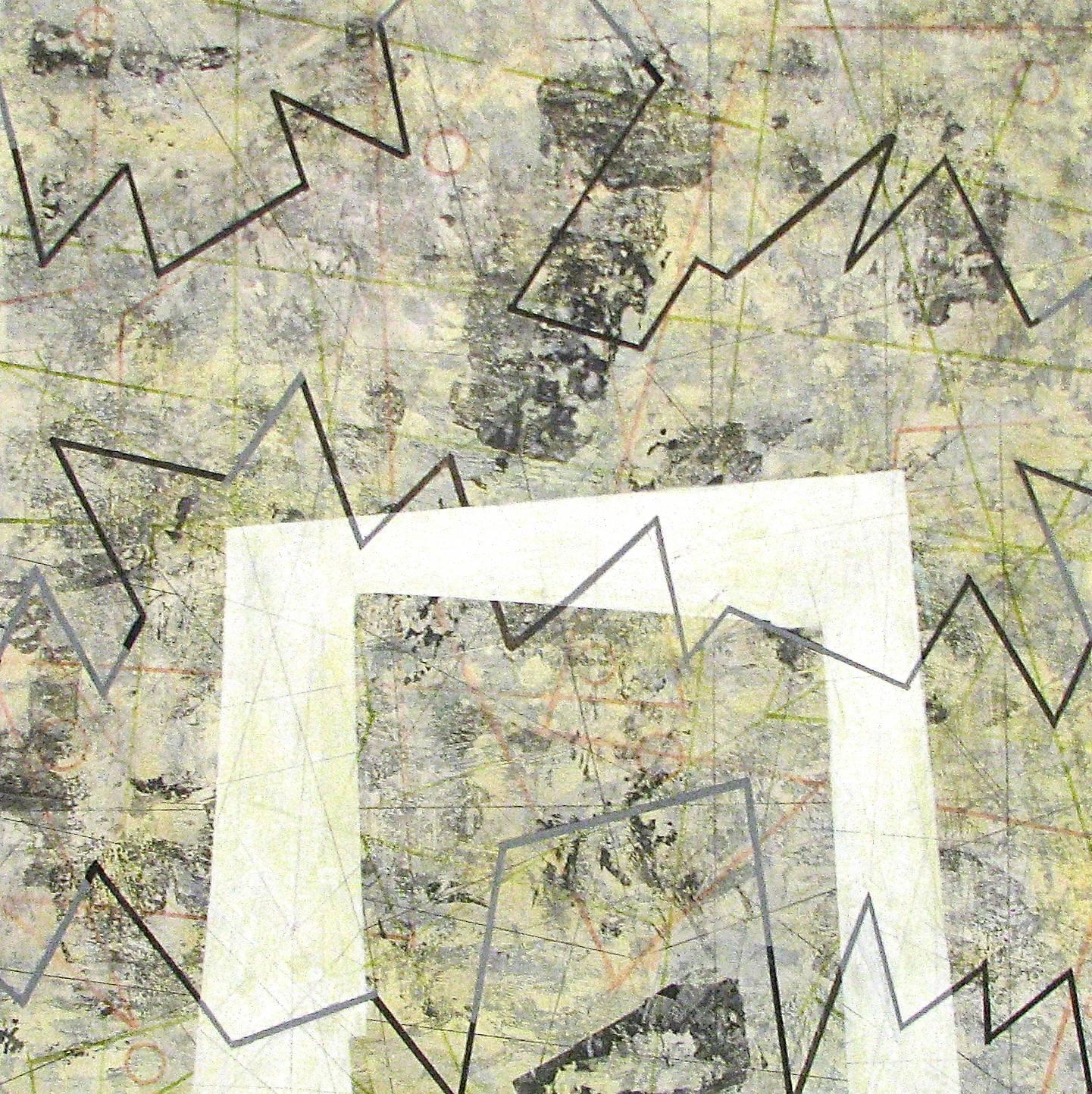 Nancy Berlin Abstract Painting – ""Shifting References"" Abstrakte geometrische rote und gelbe Zickzack-Modern-Mischtechnik