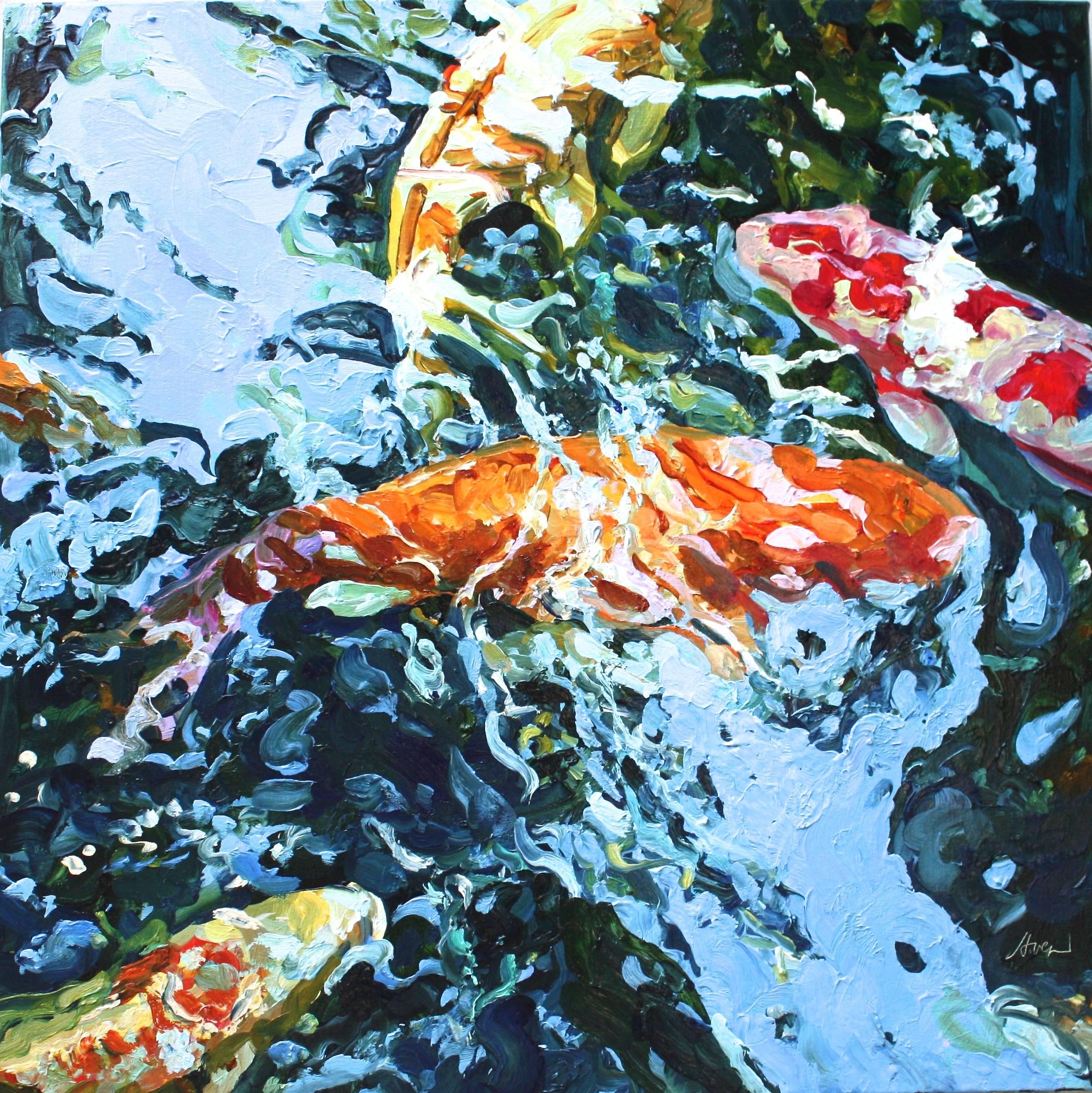 Quadratischer Koi 7 (Expressionismus), Painting, von Linda Holt