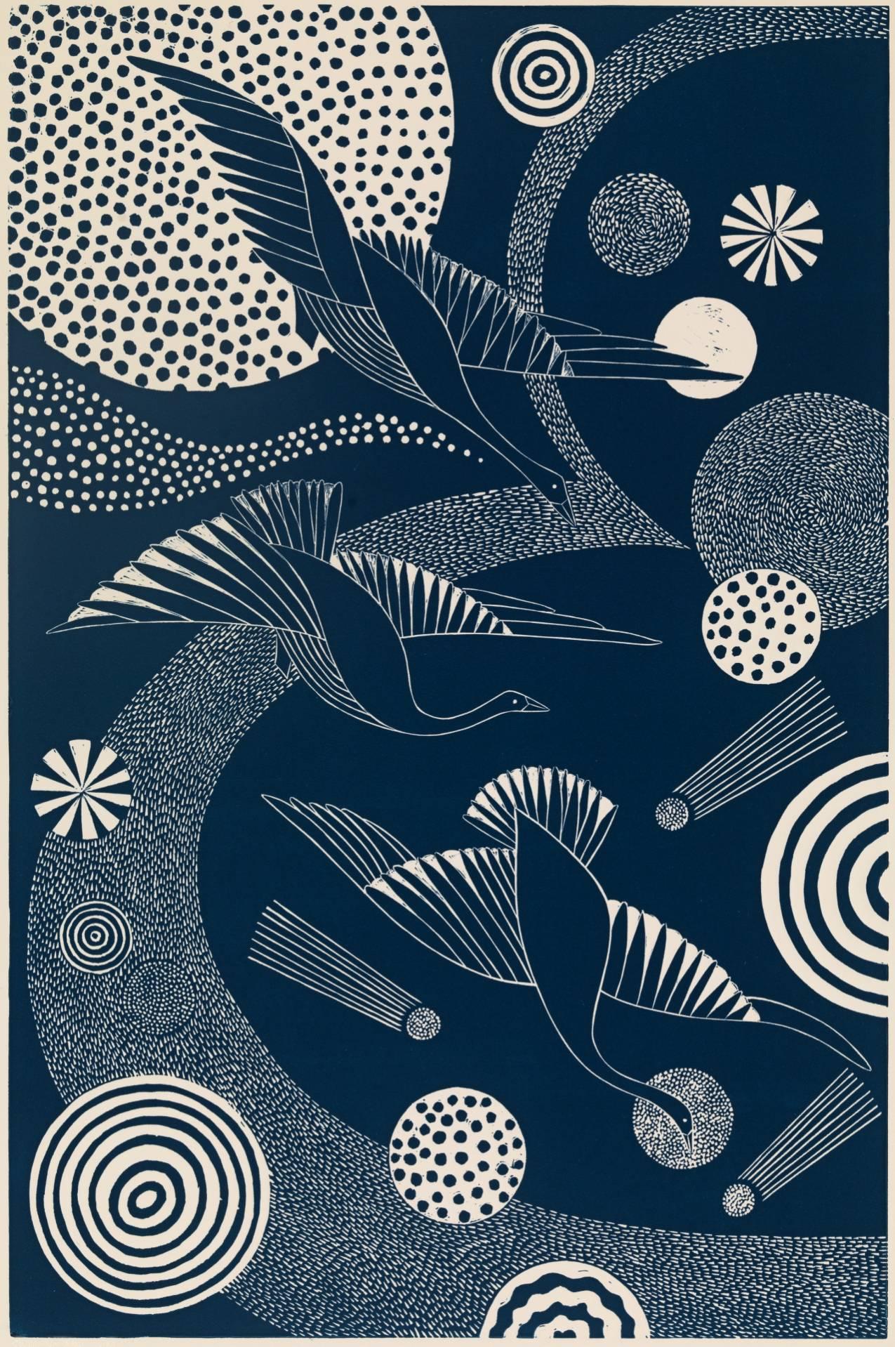 „Wading and Wondering“  Volks inspirierter blauer/Weißer Linoleum-Block  Druck von Heron  (Violett), Animal Print, von Lisa Houck
