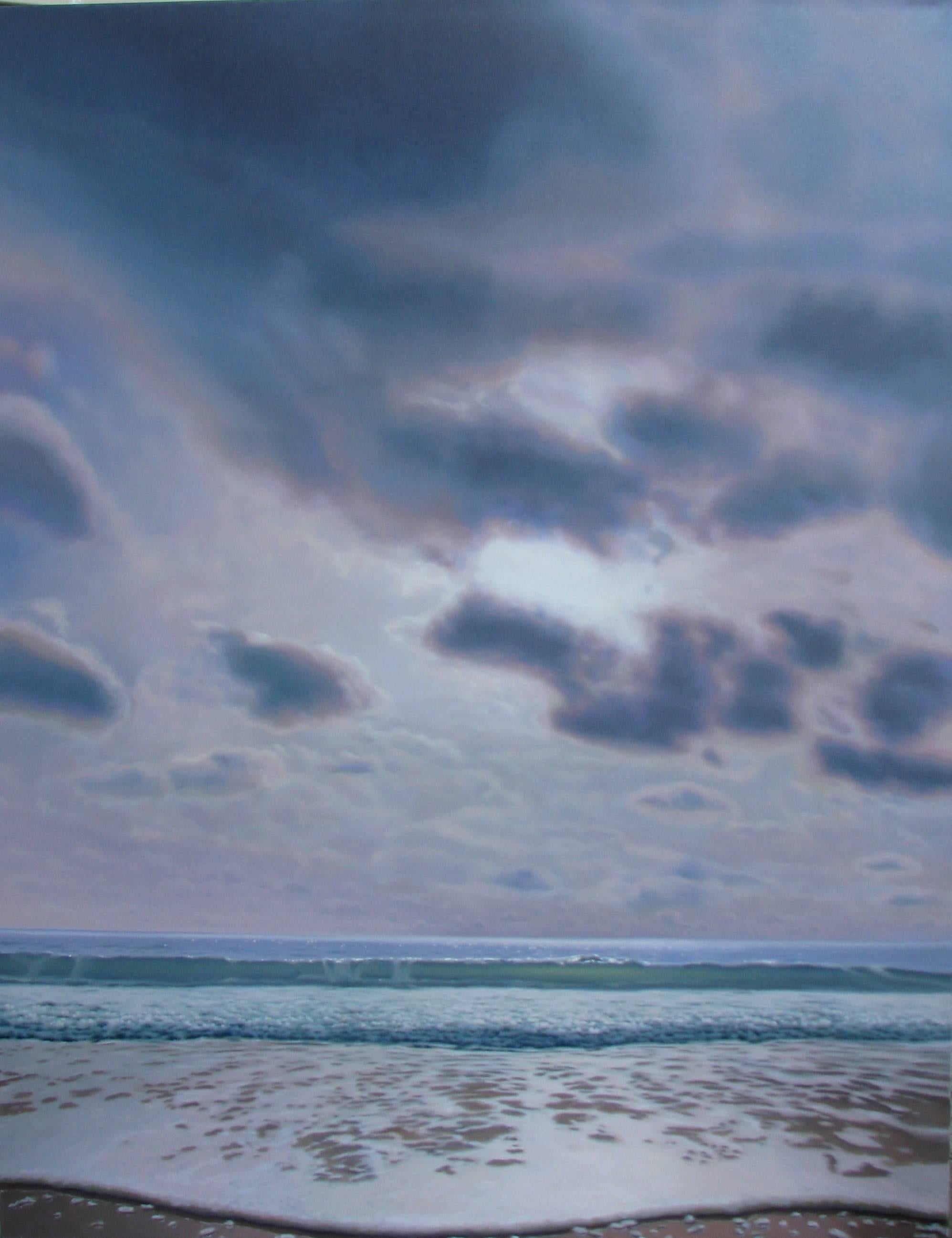 „Sea and Sky in Moonlight“  Große fotorealistische Strandlandschaft in Dunkelblau/Weiß  (Fotorealismus), Art, von Kimberly MacNeille