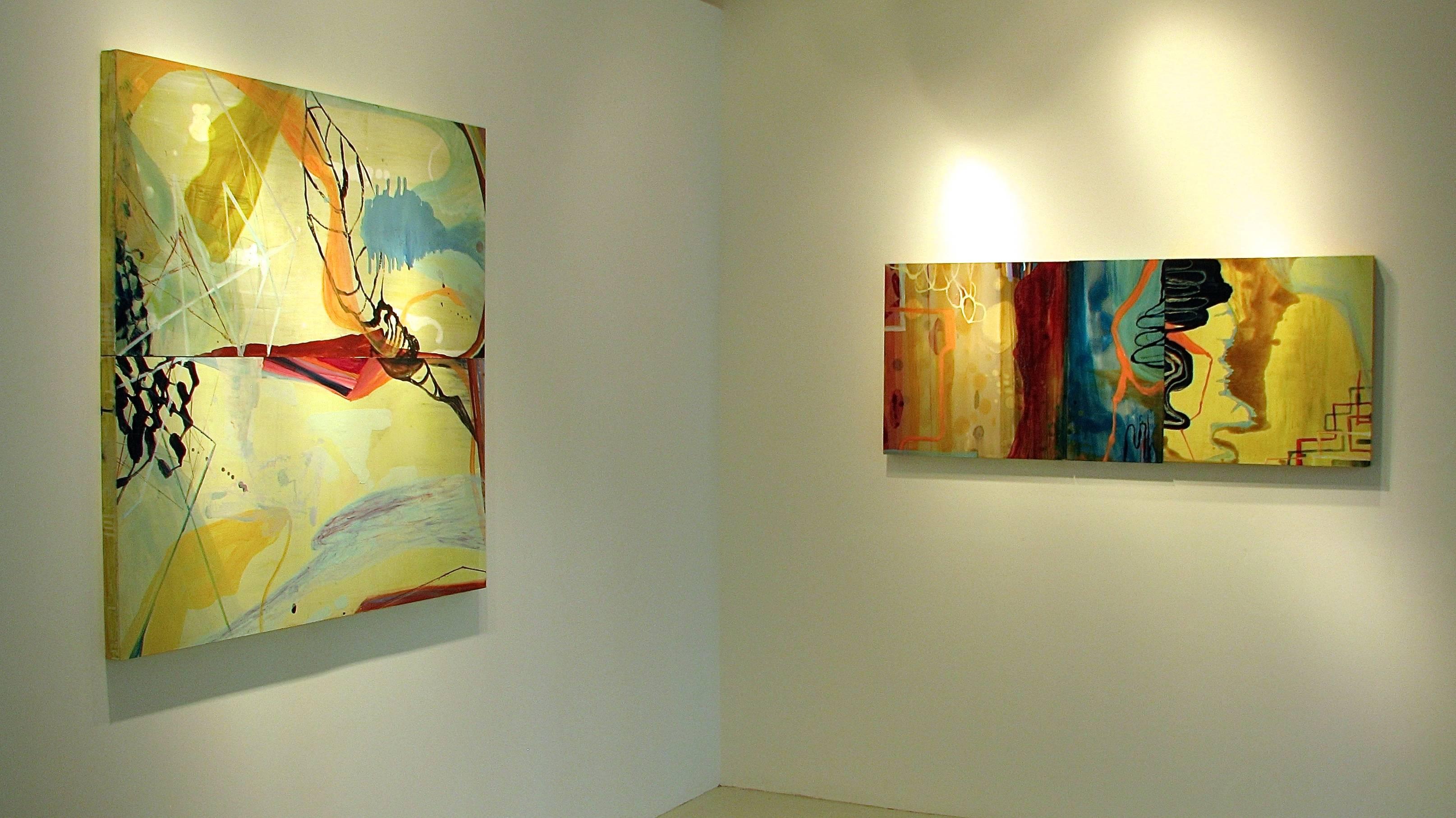 ''Monde flottant''  Biomorphique/Gomtrique  Abstraction du bleu, de l'orange, du rouge et du jaune - Painting de Susan Sharp