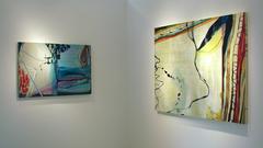 "Birds of a Feather"  Abstraction tan, white, chartreuse, yellow, turquoise, red