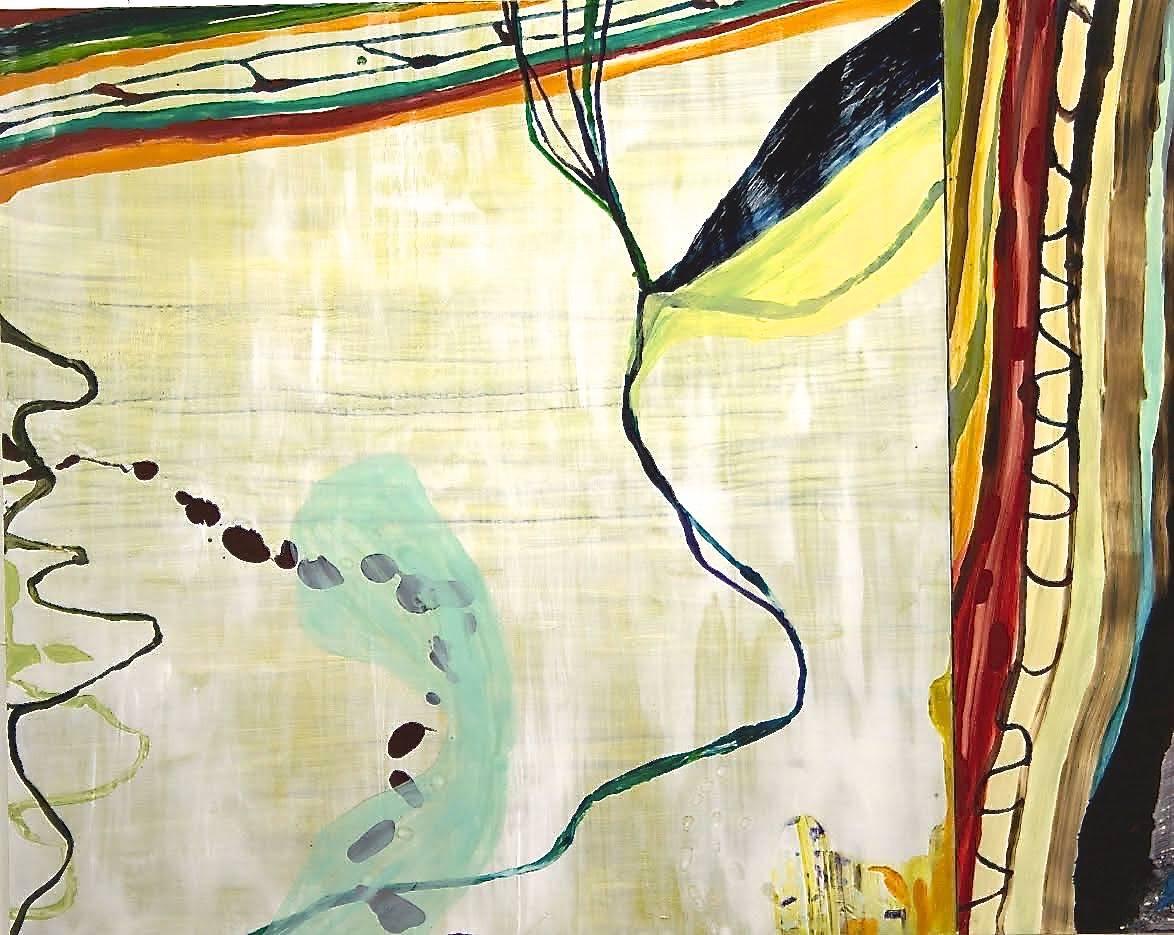 Susan Sharp Abstract Painting - "Birds of a Feather"  Abstraction tan, white, chartreuse, yellow, turquoise, red