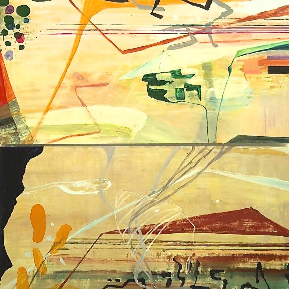 Susan Sharp Abstract Painting - "History Lesson"  Abstraction in tan, cream, yellow, brown, red, orange, green