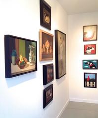 "Due Espressos" Natura morta Folk Americana Contemporanea Minimale Dipinto ad olio Rosso