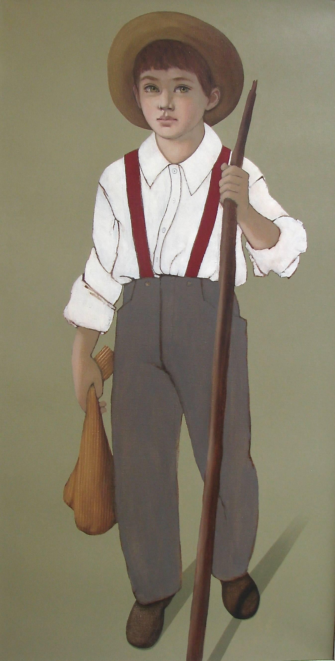 Charlotte Andry Gibbs Portrait Painting - "Country Boy" American Contemporary Folk Oil Painting Figural Portrait Green