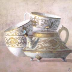 Olga Antonova - Three White and Gold Cups and Teapot Three White and Gold Cups and Teapot