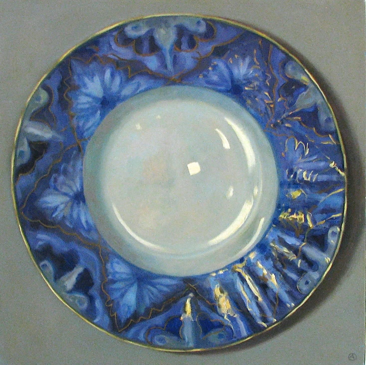 Olga Antonova Still-Life Painting - "Elegant Still Life of Blue Plate with Gold"