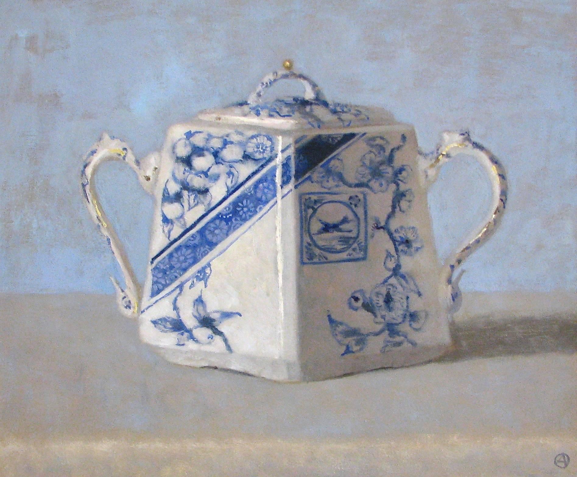 Olga Antonova Still-Life Painting - "Elegant Still Life of Blue and White Sugar Dish"  Traditional and contemporary